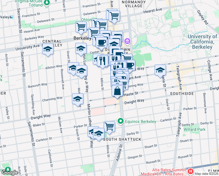 map of restaurants, bars, coffee shops, grocery stores, and more near 2021 Channing Way in Berkeley