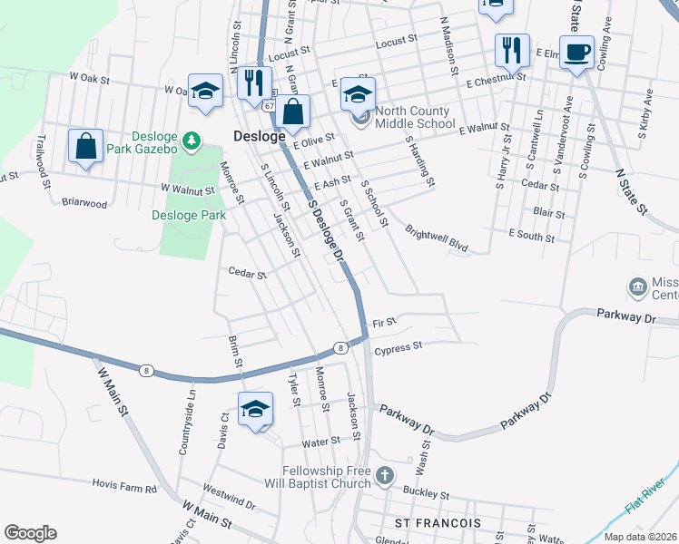 map of restaurants, bars, coffee shops, grocery stores, and more near 705 South Desloge Drive in Desloge