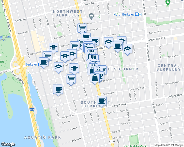 map of restaurants, bars, coffee shops, grocery stores, and more near 1036 Allston Way in Berkeley