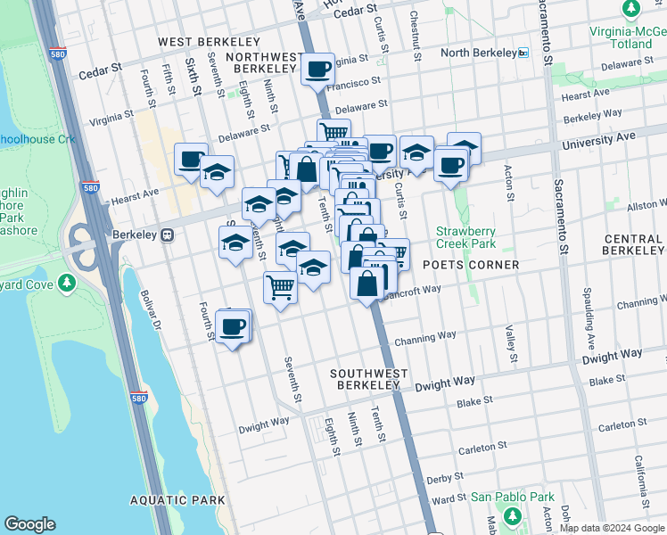 map of restaurants, bars, coffee shops, grocery stores, and more near 1034 Allston Way in Berkeley