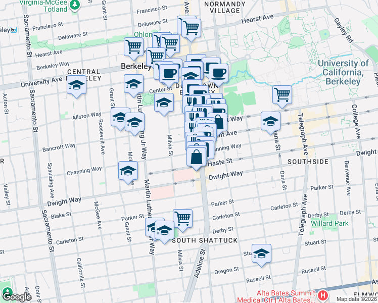 map of restaurants, bars, coffee shops, grocery stores, and more near 2029 Channing Way in Berkeley