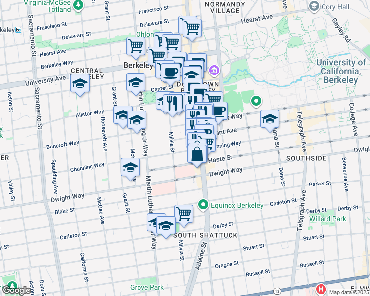 map of restaurants, bars, coffee shops, grocery stores, and more near 2023 Channing Way in Berkeley