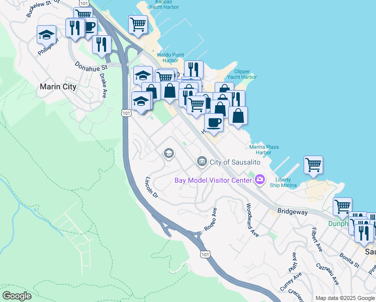 map of restaurants, bars, coffee shops, grocery stores, and more near 18 West Harbor Drive in Sausalito