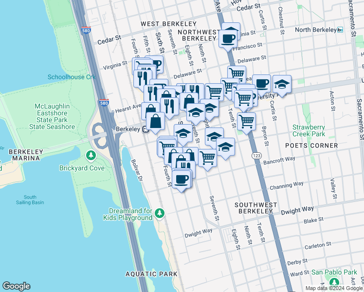map of restaurants, bars, coffee shops, grocery stores, and more near in Berkeley