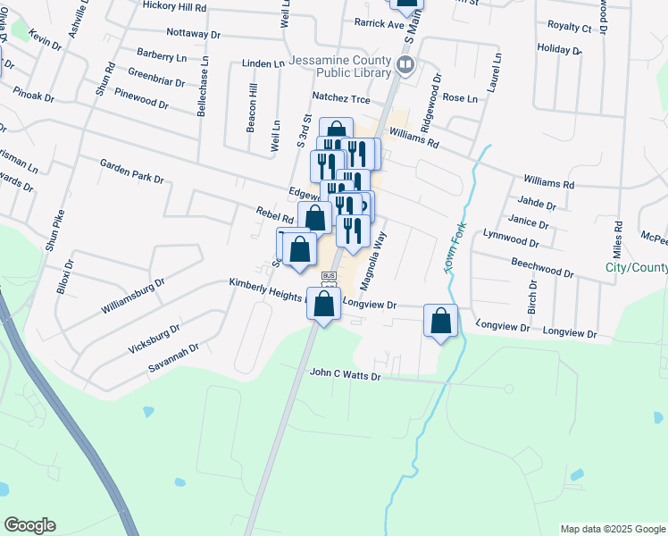 map of restaurants, bars, coffee shops, grocery stores, and more near South Main Street in Nicholasville