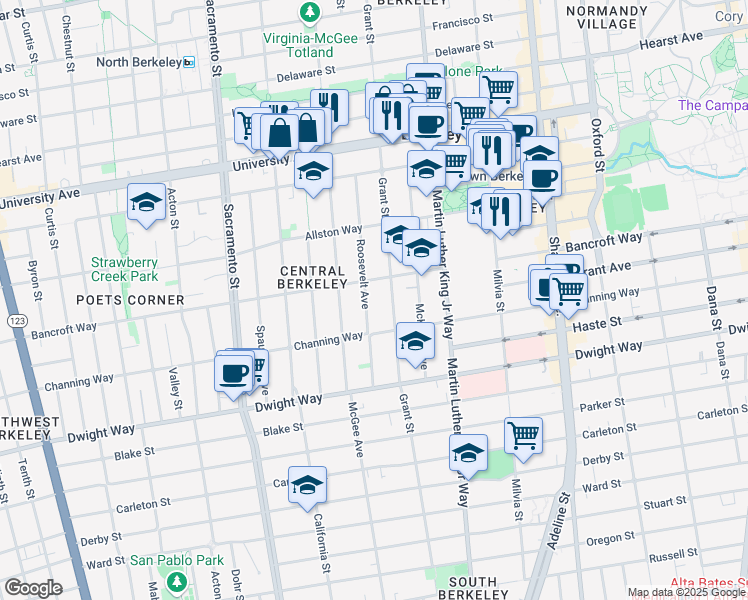 map of restaurants, bars, coffee shops, grocery stores, and more near 2313 Roosevelt Avenue in Berkeley