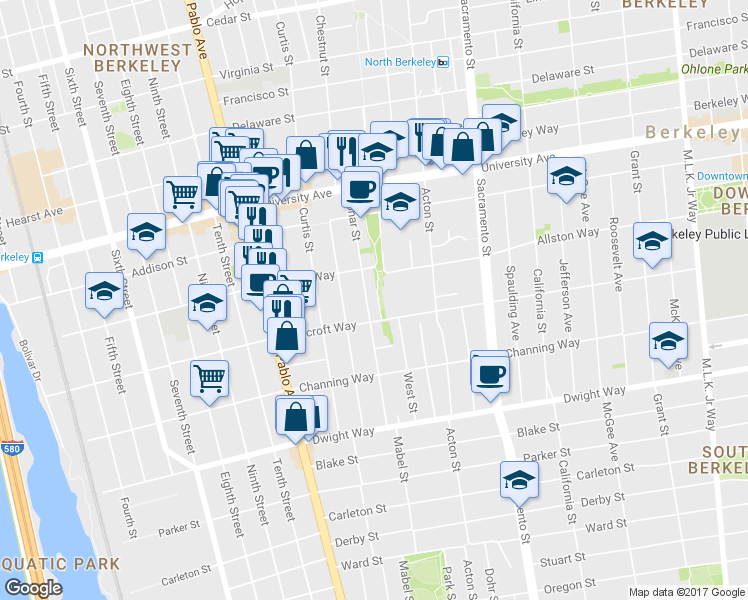 map of restaurants, bars, coffee shops, grocery stores, and more near 1307-1315 Bancroft Way in Berkeley