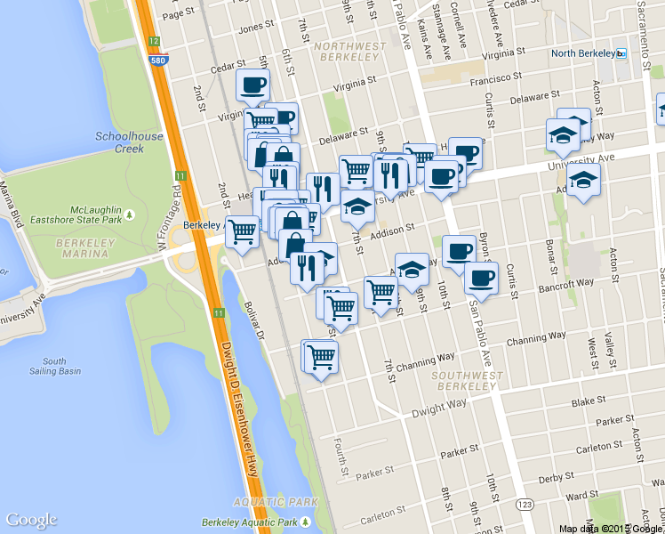 map of restaurants, bars, coffee shops, grocery stores, and more near 2111 Fifth Street in Berkeley