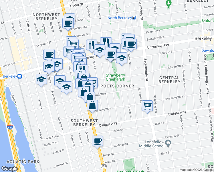 map of restaurants, bars, coffee shops, grocery stores, and more near 2227 Browning Street in Berkeley
