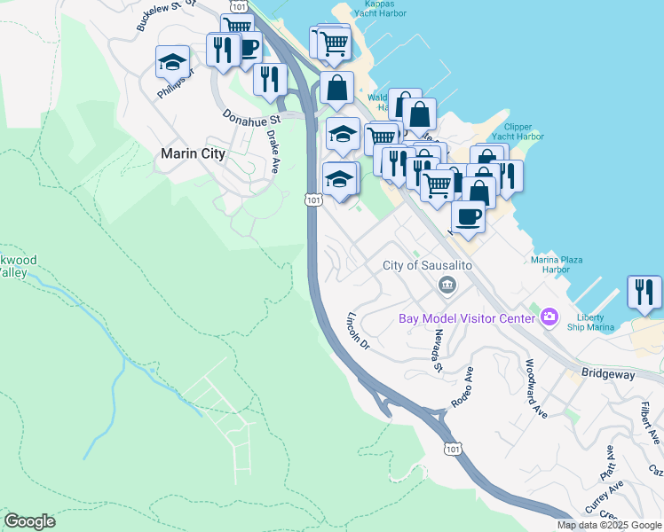 map of restaurants, bars, coffee shops, grocery stores, and more near 53 Anchorage Road in Sausalito