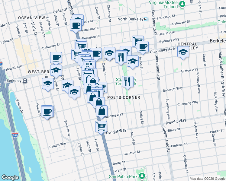 map of restaurants, bars, coffee shops, grocery stores, and more near 2220 Browning Street in Berkeley
