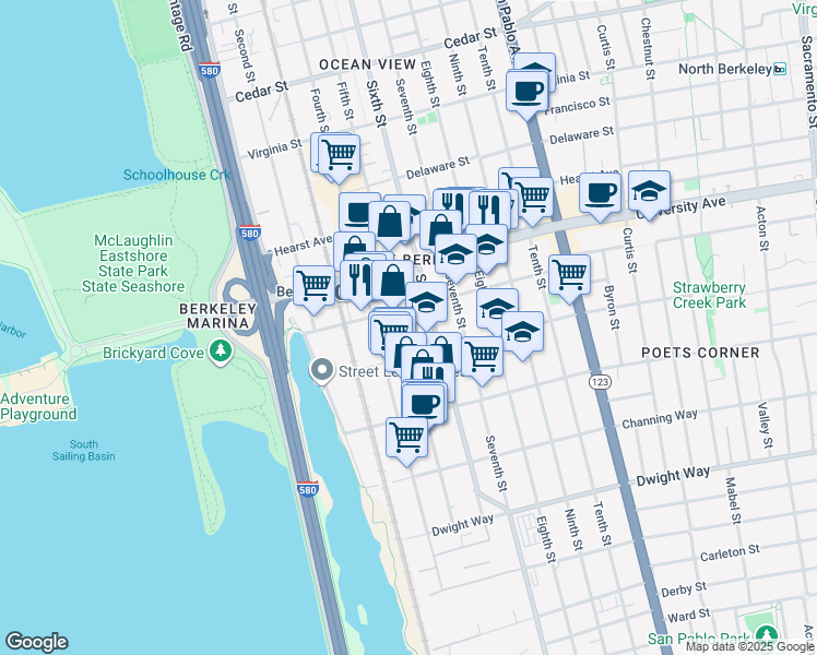 map of restaurants, bars, coffee shops, grocery stores, and more near 2111 Fifth Street in Berkeley