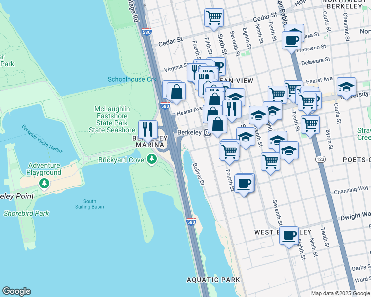 map of restaurants, bars, coffee shops, grocery stores, and more near 22 San Francisco Bay Trail in Berkeley