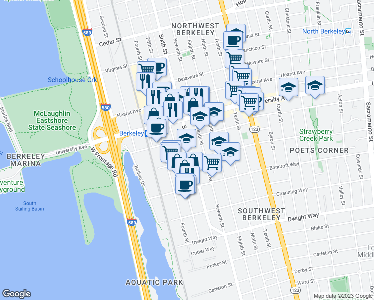 map of restaurants, bars, coffee shops, grocery stores, and more near 2120 Sixth Street in Berkeley