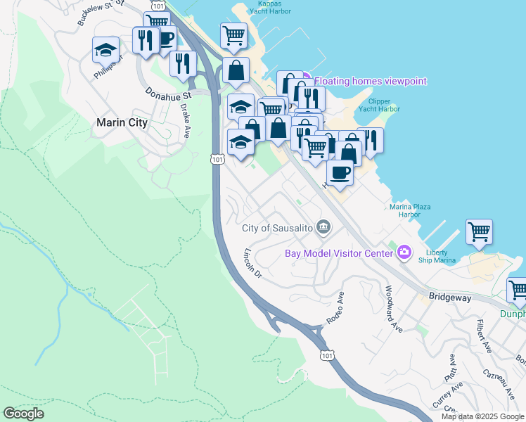 map of restaurants, bars, coffee shops, grocery stores, and more near 3 Lincoln Drive in Sausalito