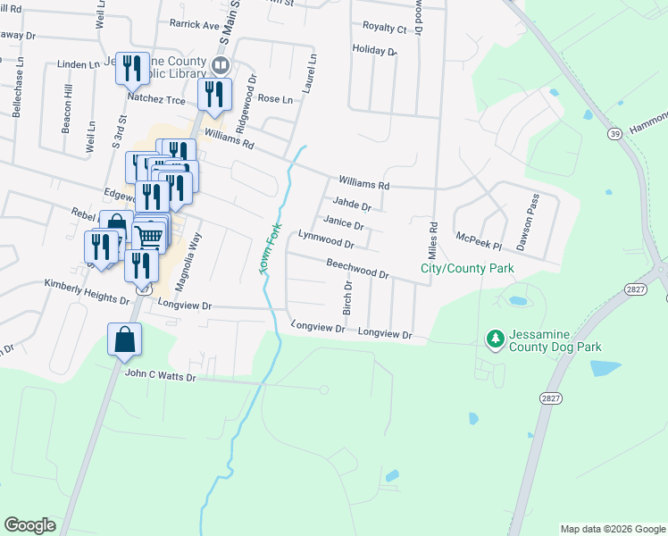 map of restaurants, bars, coffee shops, grocery stores, and more near 117 Beechwood Drive in Nicholasville