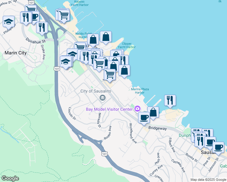map of restaurants, bars, coffee shops, grocery stores, and more near 2346 Marinship Way in Sausalito