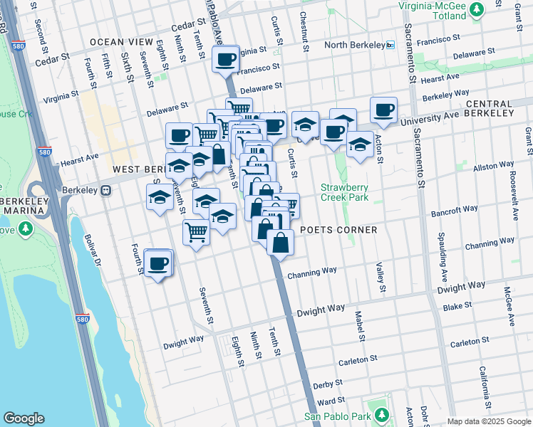 map of restaurants, bars, coffee shops, grocery stores, and more near 2211 San Pablo Avenue in Berkeley