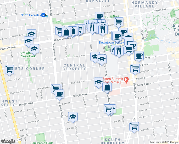 map of restaurants, bars, coffee shops, grocery stores, and more near 2313 Roosevelt Avenue in Berkeley