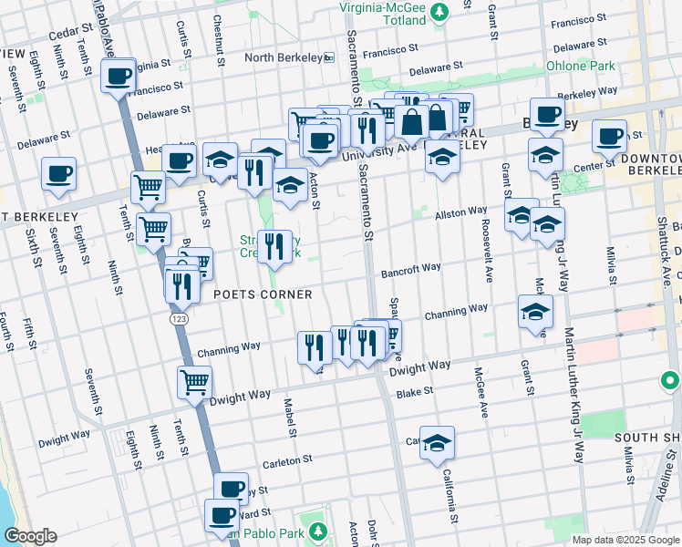 map of restaurants, bars, coffee shops, grocery stores, and more near 1416 Acroft Court in Berkeley