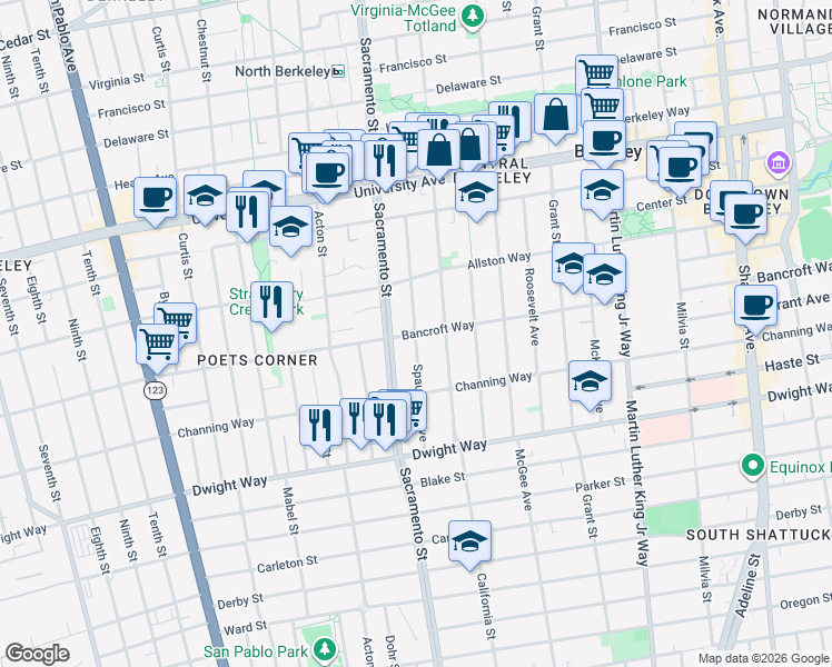 map of restaurants, bars, coffee shops, grocery stores, and more near Bancroft Way & Spaulding Avenue in Berkeley