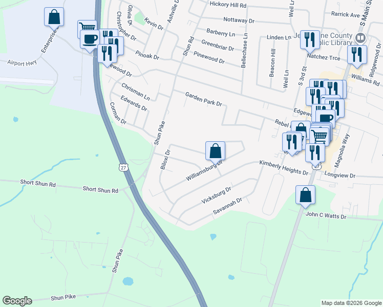 map of restaurants, bars, coffee shops, grocery stores, and more near 252 Biloxi Drive in Nicholasville