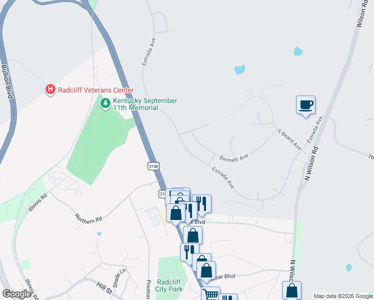 map of restaurants, bars, coffee shops, grocery stores, and more near 8115 Estrada Avenue in Fort Knox