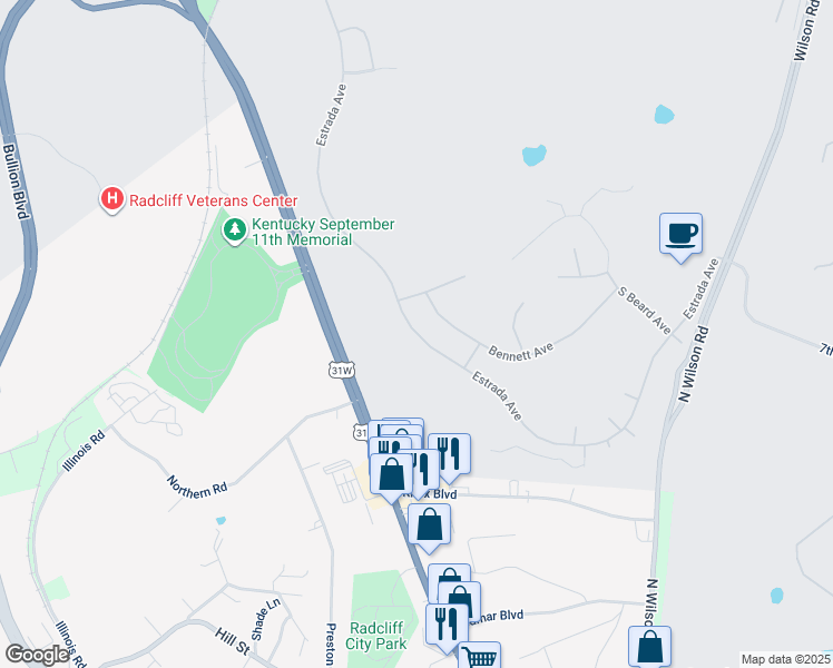 map of restaurants, bars, coffee shops, grocery stores, and more near 8112 Estrada Avenue in Fort Knox