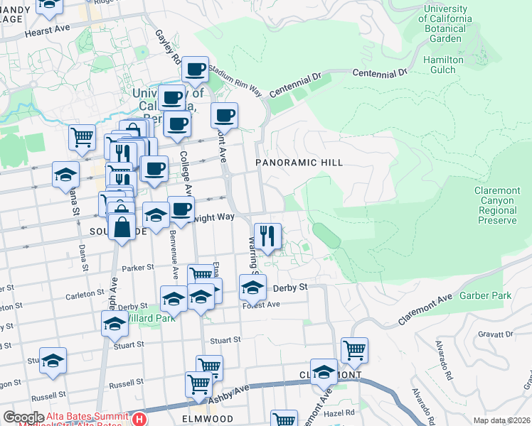 map of restaurants, bars, coffee shops, grocery stores, and more near Dwight Way & Prospect Street in Berkeley