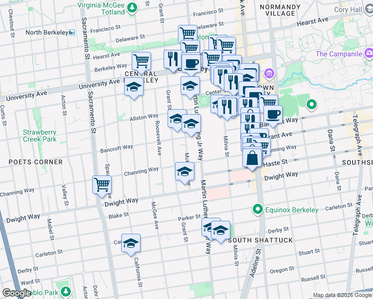 map of restaurants, bars, coffee shops, grocery stores, and more near 2320 McKinley Avenue in Berkeley
