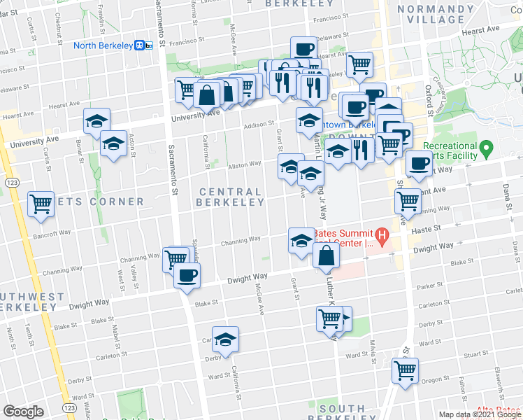 map of restaurants, bars, coffee shops, grocery stores, and more near 2313 Roosevelt Avenue in Berkeley