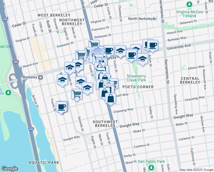 map of restaurants, bars, coffee shops, grocery stores, and more near 2211 San Pablo Avenue in Berkeley