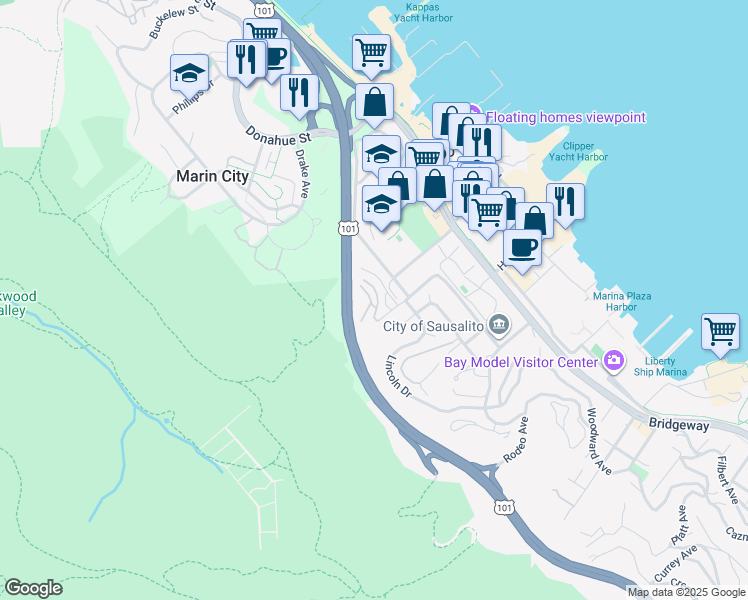 map of restaurants, bars, coffee shops, grocery stores, and more near 56 Anchorage Road in Sausalito