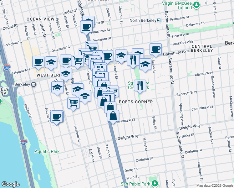 map of restaurants, bars, coffee shops, grocery stores, and more near 2214 Curtis Street in Berkeley