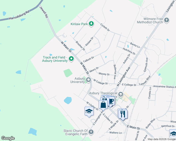 map of restaurants, bars, coffee shops, grocery stores, and more near 502 West Main Street in Wilmore