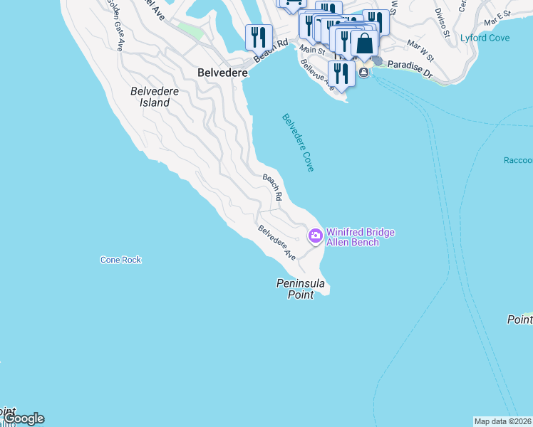 map of restaurants, bars, coffee shops, grocery stores, and more near 400 Golden Gate Avenue in Belvedere