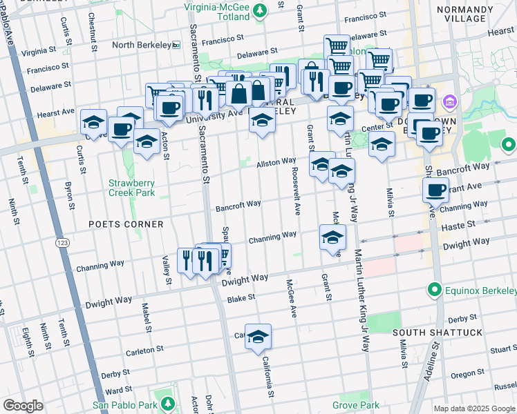 map of restaurants, bars, coffee shops, grocery stores, and more near 2304 Jefferson Avenue in Berkeley