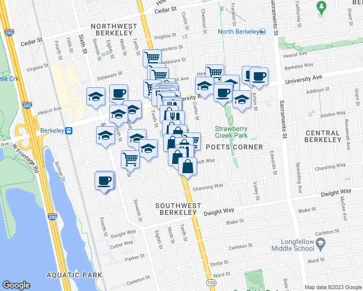 map of restaurants, bars, coffee shops, grocery stores, and more near 2211 San Pablo Avenue in Berkeley