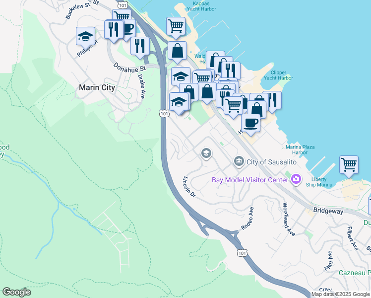 map of restaurants, bars, coffee shops, grocery stores, and more near 109 Sacramento Avenue in Sausalito