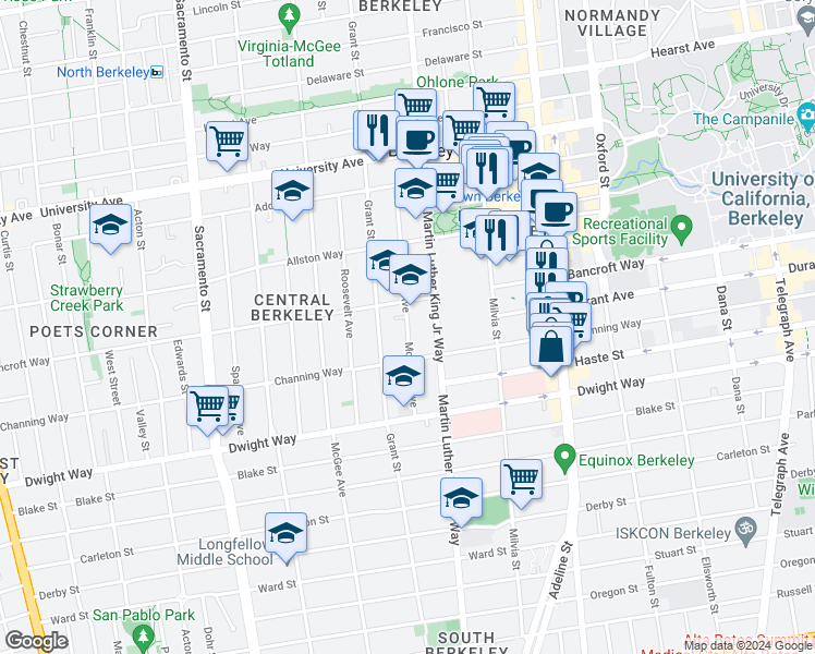 map of restaurants, bars, coffee shops, grocery stores, and more near 2312 McKinley Avenue in Berkeley