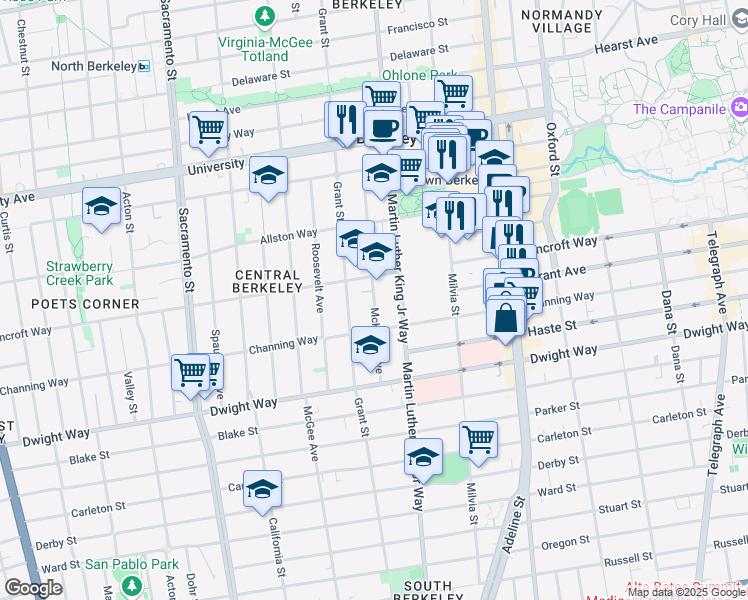 map of restaurants, bars, coffee shops, grocery stores, and more near 2312 McKinley Avenue in Berkeley