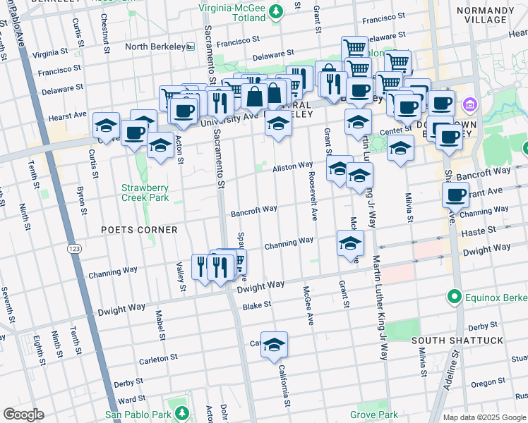 map of restaurants, bars, coffee shops, grocery stores, and more near 2304 Jefferson Avenue in Berkeley