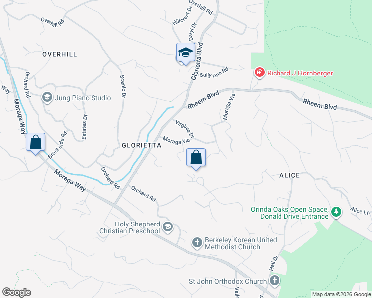 map of restaurants, bars, coffee shops, grocery stores, and more near 26 Moraga Via in Orinda