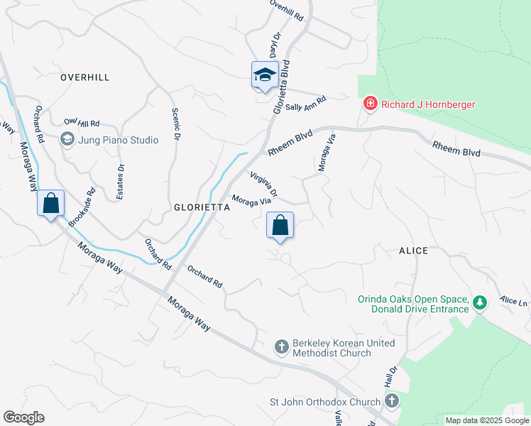 map of restaurants, bars, coffee shops, grocery stores, and more near 26 Moraga Via in Orinda