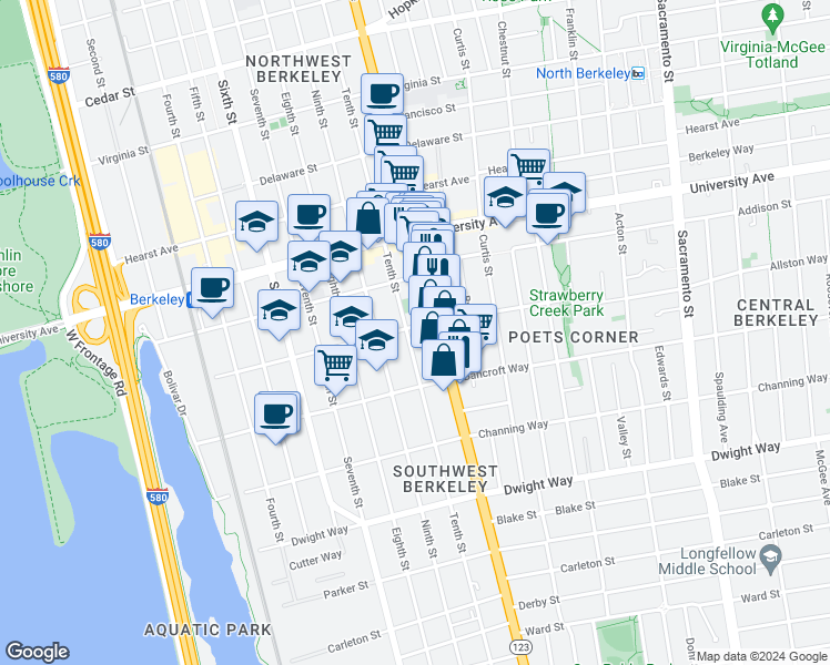 map of restaurants, bars, coffee shops, grocery stores, and more near 1034 Allston Way in Berkeley
