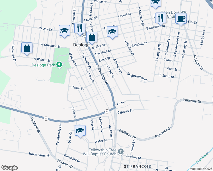map of restaurants, bars, coffee shops, grocery stores, and more near 705 South Desloge Drive in Desloge