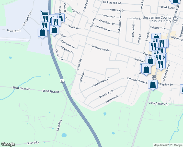 map of restaurants, bars, coffee shops, grocery stores, and more near 252 Biloxi Drive in Nicholasville