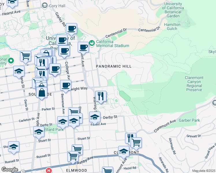 map of restaurants, bars, coffee shops, grocery stores, and more near Dwight Way & Hillside Ave in Berkeley