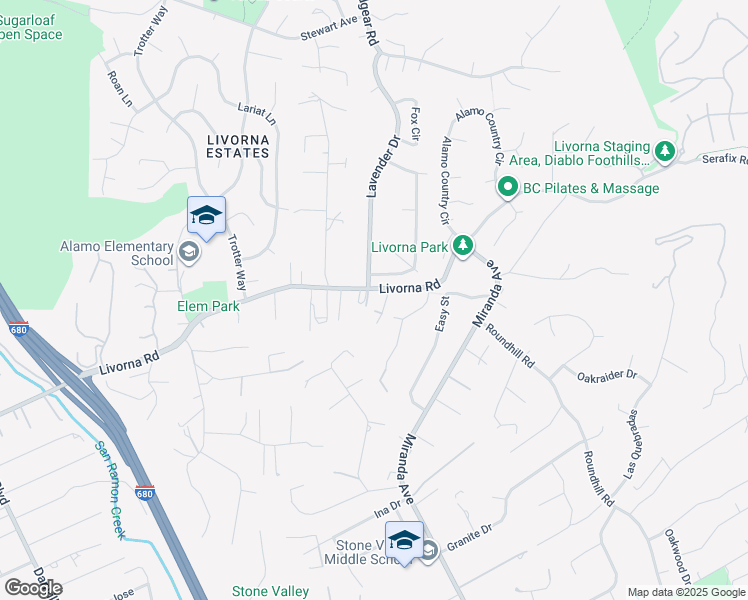 map of restaurants, bars, coffee shops, grocery stores, and more near 971 Livorna Road in Alamo
