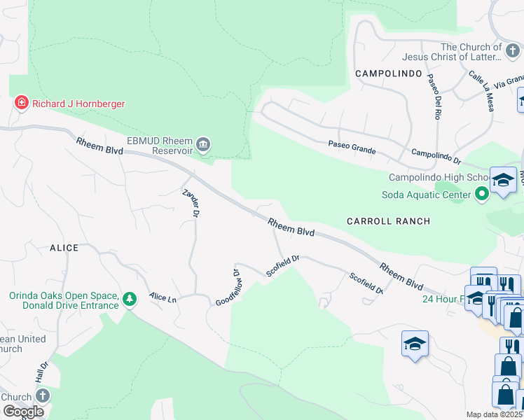 map of restaurants, bars, coffee shops, grocery stores, and more near 225 Rheem Boulevard in Moraga
